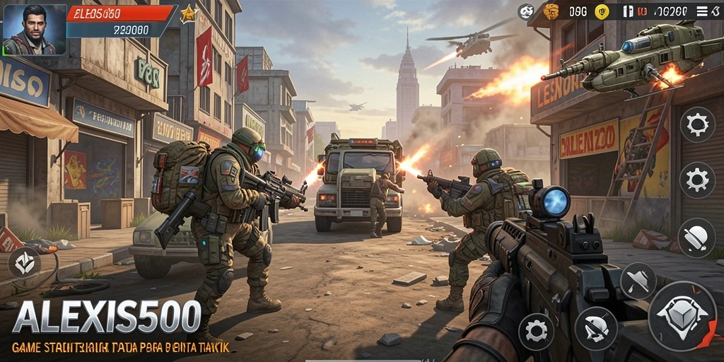 Tangkapan layar gameplay ALEXIS500 menampilkan aksi strategi yang intens.
