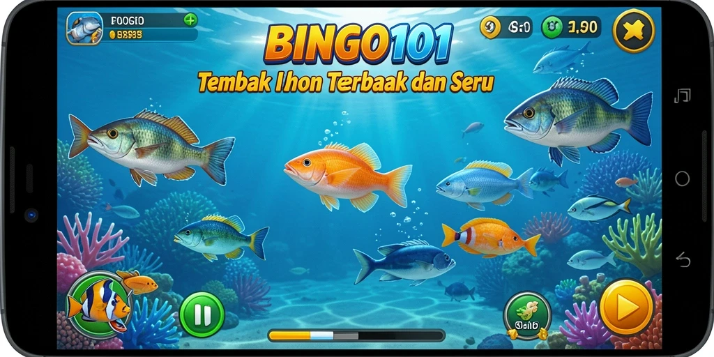Tampilan gameplay BINGO101 dengan ikan dan senjata yang beragam.
