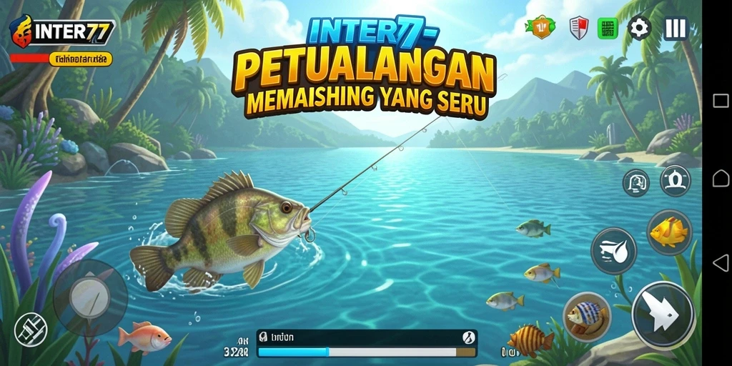Tampilan gameplay INTER77 yang menunjukkan momen menangkap ikan.
