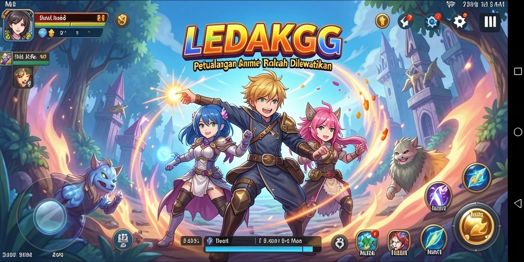 Screenshot utama LEDAKGG menunjukkan aksi petualangan karakter Anime.