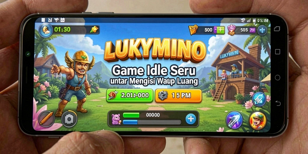 Tampilan gameplay LUKYMINO dengan karakter dan aktivitas Idle.
