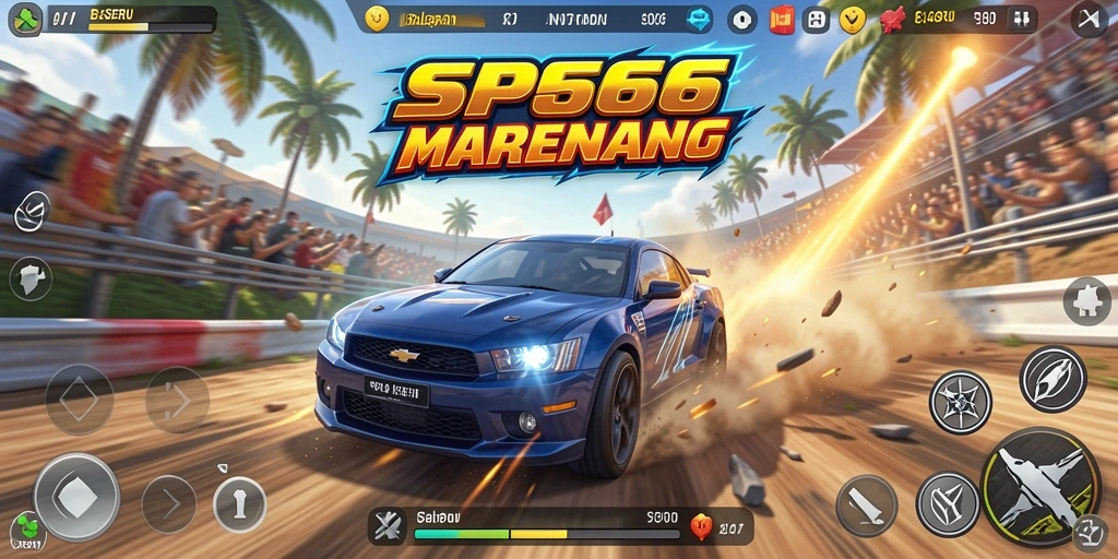 Screenshot gameplay SP666 menampilkan balapan seru dan mobil kustom.